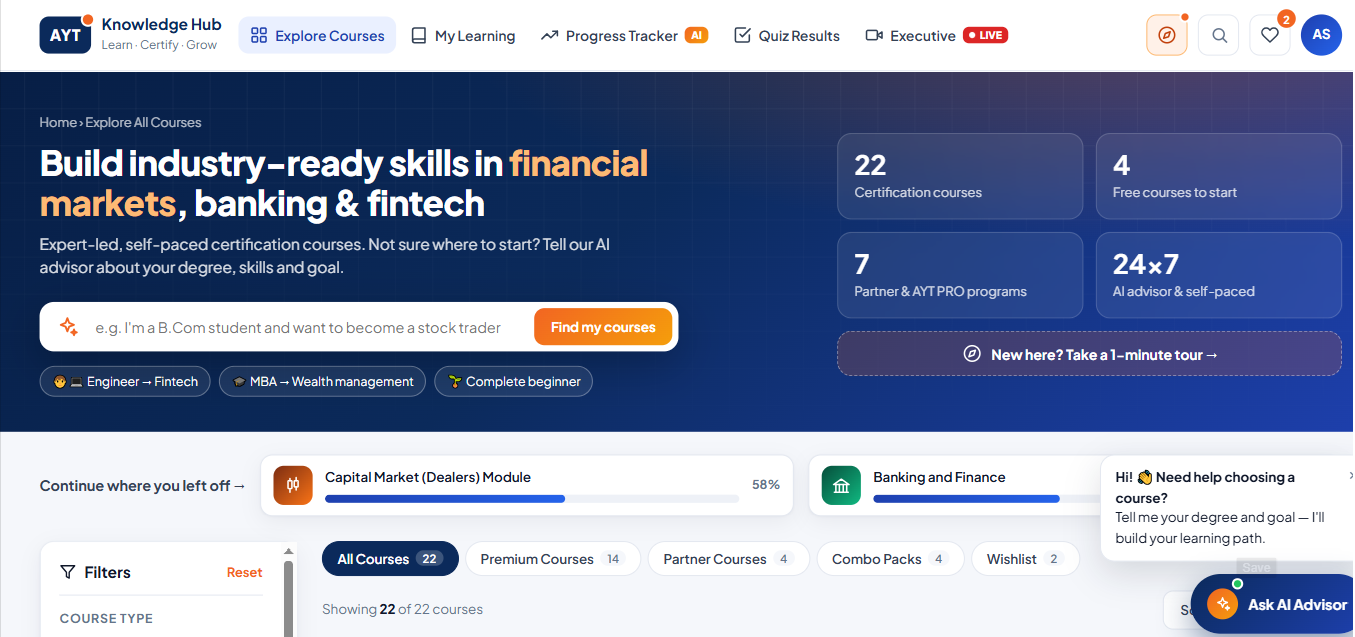 AYT Knowledge Hub course catalogue with filters and course cards